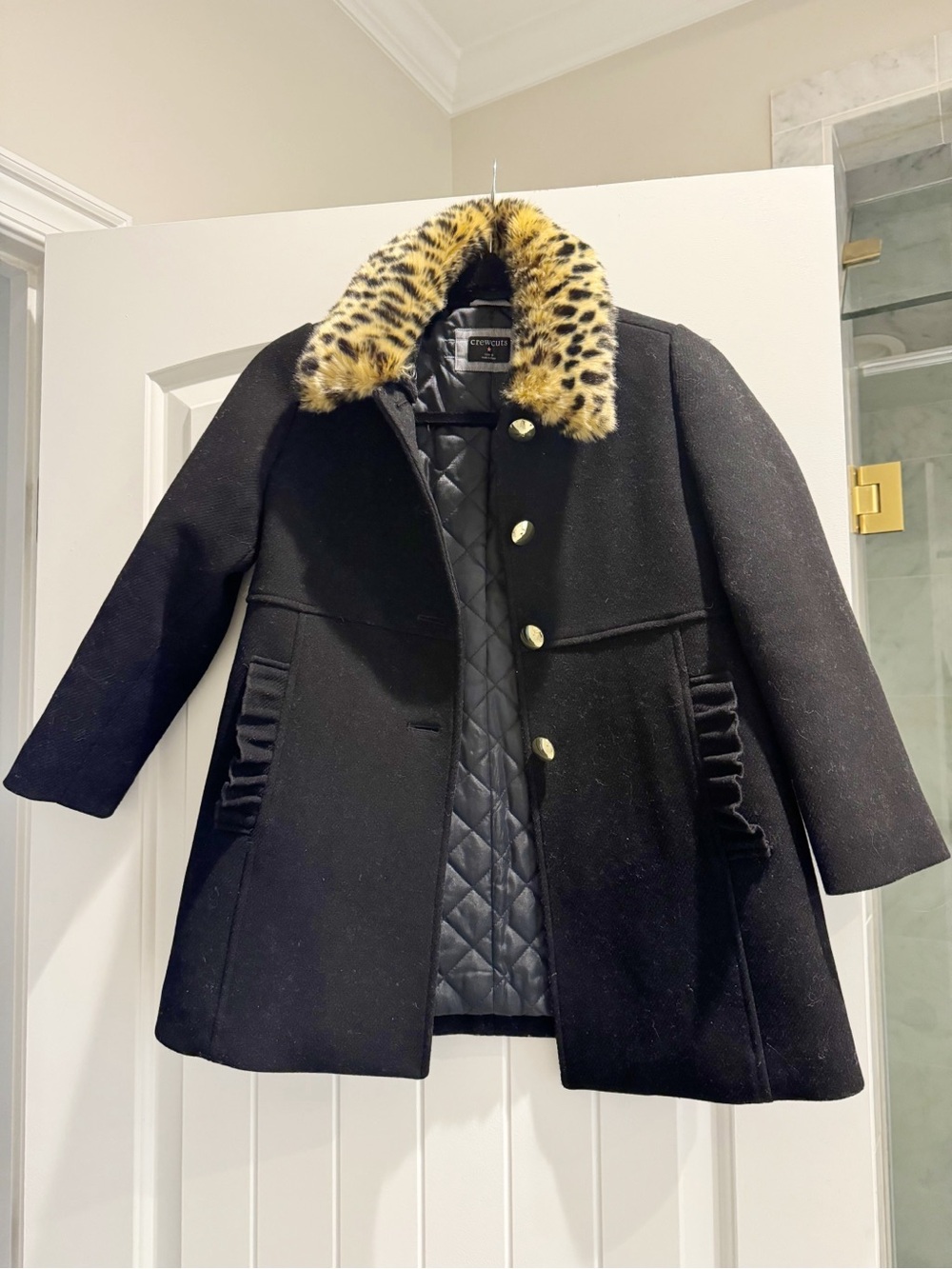 Crewcuts Black Wool Pea Coat with removable Leopard Faux-Fur Collar Size 8
